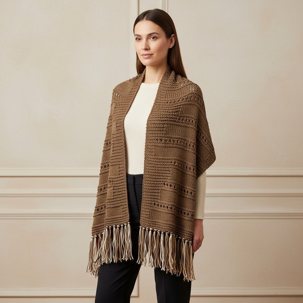 NEW Brown Hand Knitted Shawl Scarf Wrap Boho Hippie Indie Artsy Cozy Cottage